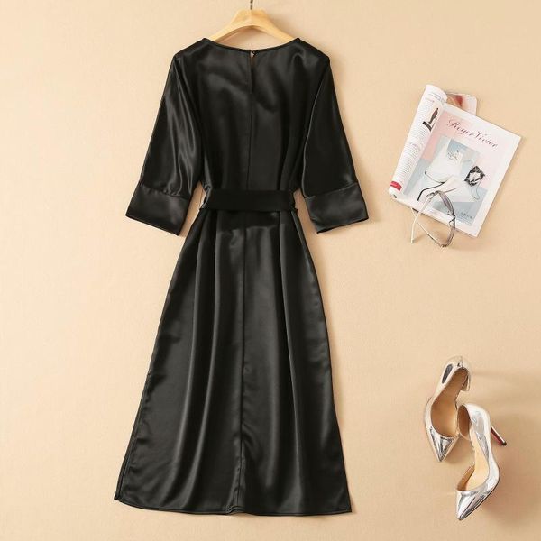 

casual dresses excellent quality est 2021 runway designer women's elegant 3/4 sleeve black flower printed acetate satin midi dress, Black;gray