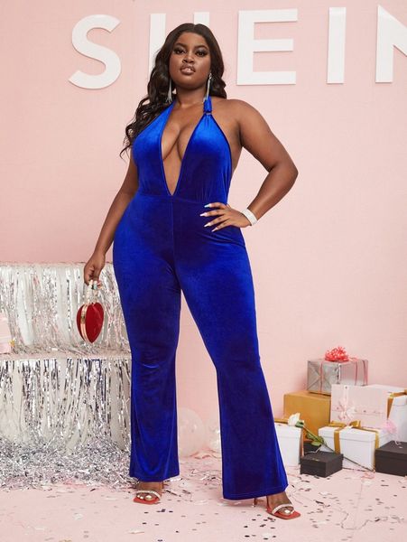 

sxy plus backless flare leg velvet jumpsuit 92mr#, Black