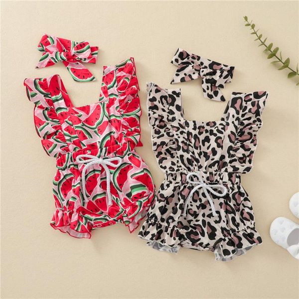 

clothing sets 2pcs born toddler girls cotton clothes sets,baby casual watermelon/leopard print square neck romper+hairband,0-2years, White