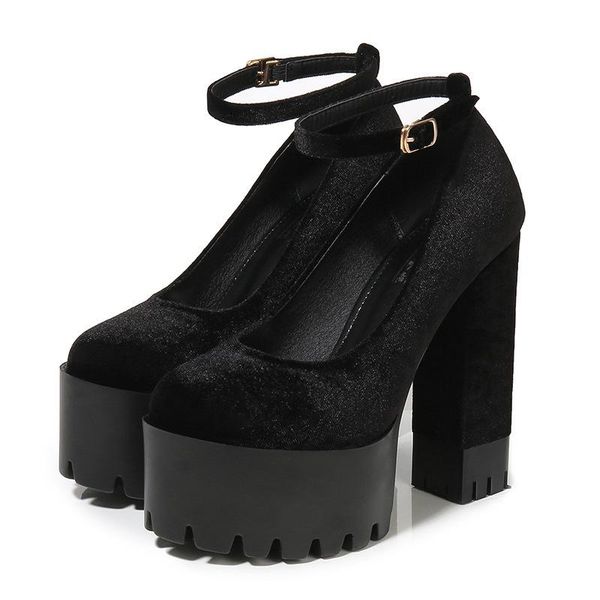 

dress shoes 2021 spring autumn casual 14.5cm thick high-heeled waterproof platform pumps flock buckle round toe woman, Black