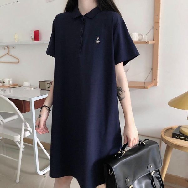 

casual dresses women short sleeve turn-down collar loose knee length embroidery summer dress korean style fashion harajuku chic, Black;gray