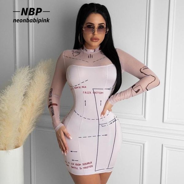 

casual dresses neonbabipink nude mesh for women party club outfits fashion printed long sleeve bodycon mini dress n83-cb15, Black;gray