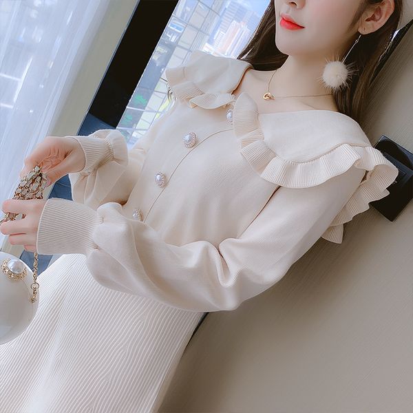 

coigarsam women one-piece dress korean spring vintage cute knitting solid high waist full sleeve dresses rice white red black, Black;gray
