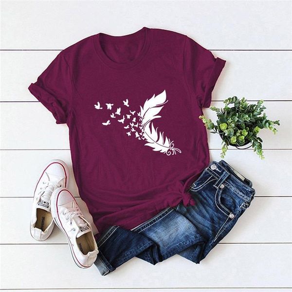 

women's t-shirt summer plus size women clothing feather print tshirt shirts o neck short sleeve tees loose 2021, White