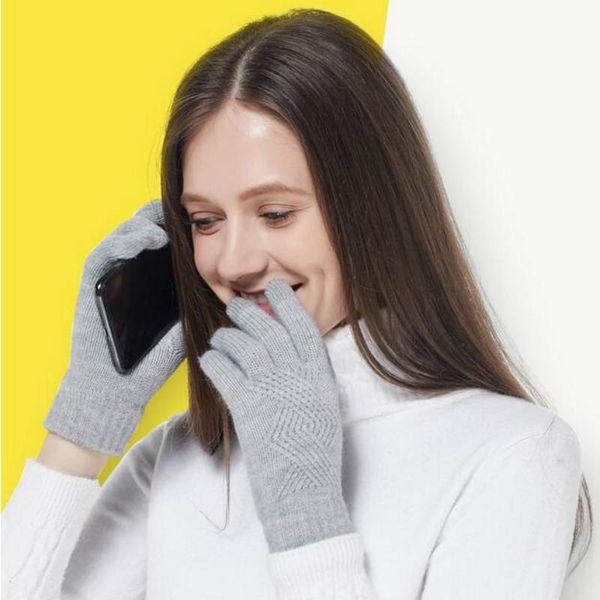 

five fingers gloves female winter warm knitted full finger men solid woolen touch screen mittens women thick cycling driving, Blue;gray