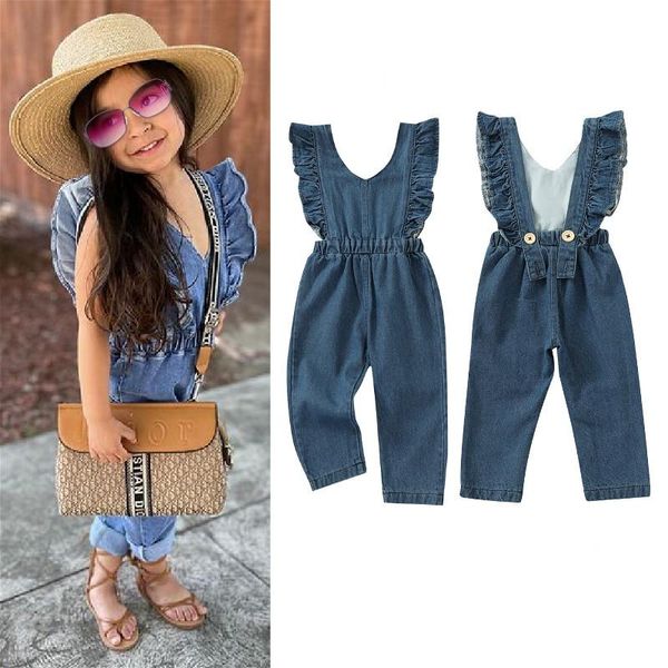 

jumpsuits 1-6years kids denim suspender pants overalls baby girls clothes 2021 summer ruffle sleeveless backless children outfit, Blue