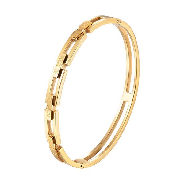 

luxury hollow square roman numerals stainless steel bangles for women men cuff women's bracelet jewelry girl gifts q0717, Black