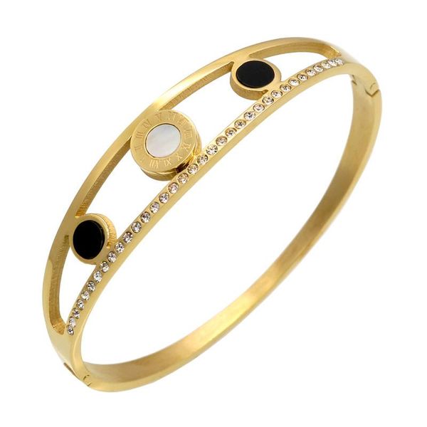 

bangle women rhinestones roman number bracelet stainless steel shell crystal hollow cuff bracelets & bangles, Black