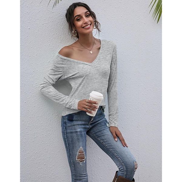 

women's t-shirt solid color long sleeve v-neck basic casual slim, White