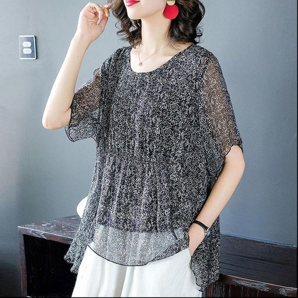 

spring summer style chiffon casual womens blouses short flare sleeve polka dot printed blusas df3711, White