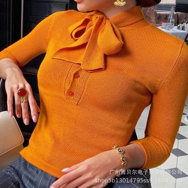 

women's sweaters spring and autumn elegant commuter button pullover knitted slim orange tie long arm, White;black