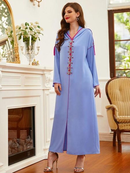 Этническая одежда Kaftan Капюшона Абая Ялабия Женщины Мода Водворные Стразы Мусульманские Ид Вечерние Платье Ночное платье Дубай Одежда