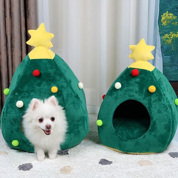 

christmas cat bed house year soft warm nest dog tree shape pet home sleeping kennels & pens