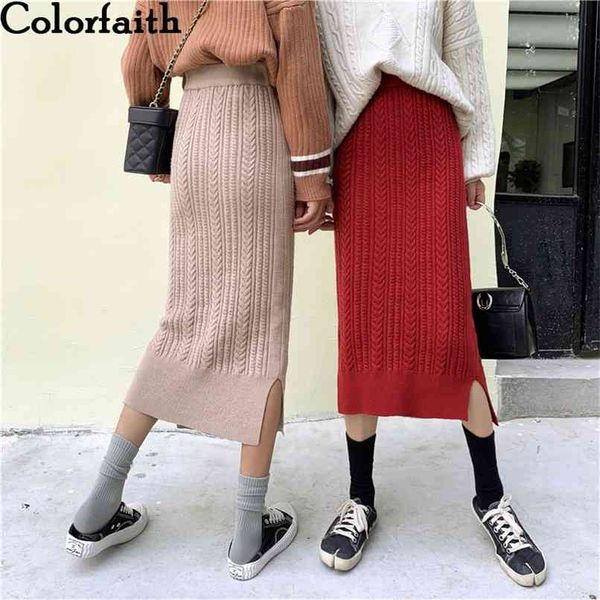 

autumn winter women warm knitted skirts split ladies slim package hip high waist casual fashion midi sk4322 210427, Black
