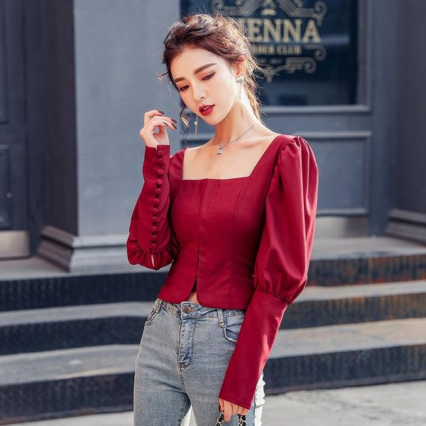 

women fall temperament slim body long puff sleeve wine red shirts female square collar solid color blouse women's blouses &, White