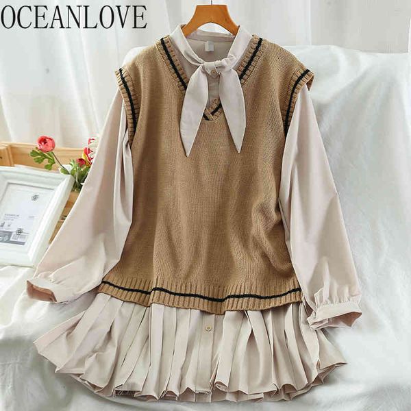 

preppy style two piece set women autumn winter japan fashion ropa mujer sweet vests+ solid mini dresses 19173 210415, White