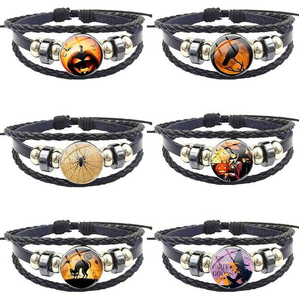 

charm bracelets bat cat witch vintage antique glass cabochon statement black leather bracelet bangle jewelry for women men party, Golden;silver