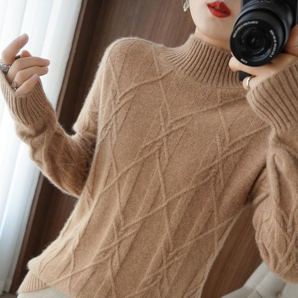 

women's sweaters 2021 autumn winter pure cashmere sweater women half high neck base shirt twist knit thick 100%wool korean loose pullov, White;black