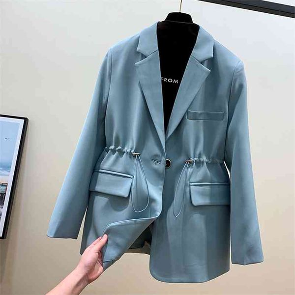 Primavera Um botão Sólido Terno Terno Casaco Escritório Senhoras Blazer Jaqueta Mulheres Elegante Moda Outwear Cintura Retrátil 210430