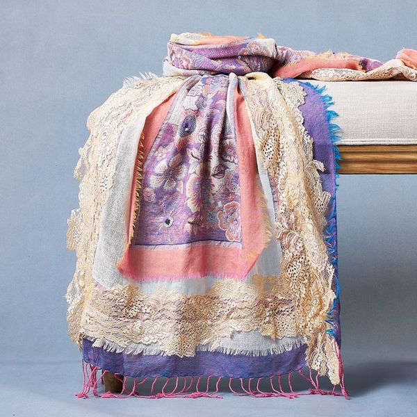 

scarves nepal boiled wool lace stitching scarf fresh ethnic style multi-layer color matching embroidery shawl pashmina, Blue;gray