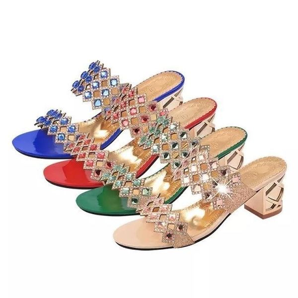 

slippers 2021 summer korean version of rhinestone thick heel mid-heel flip flops hollowed female with diamonds, Black