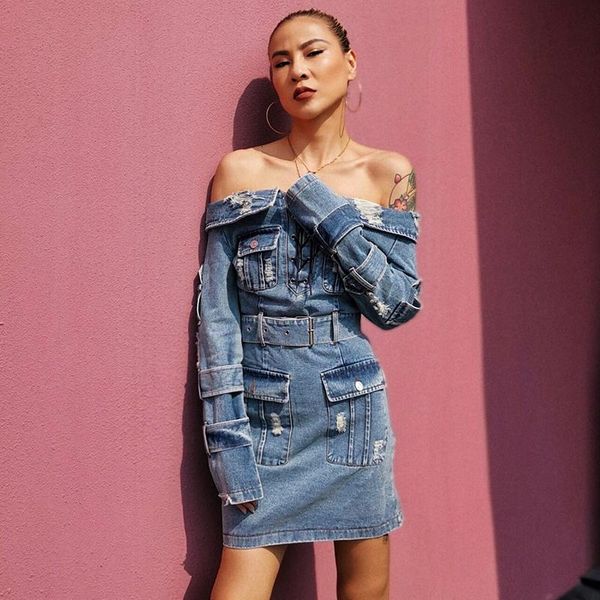 

casual dresses high waist bandage ripped hole dress female clothes fashion party for women slash neck long sleeve, Black;gray