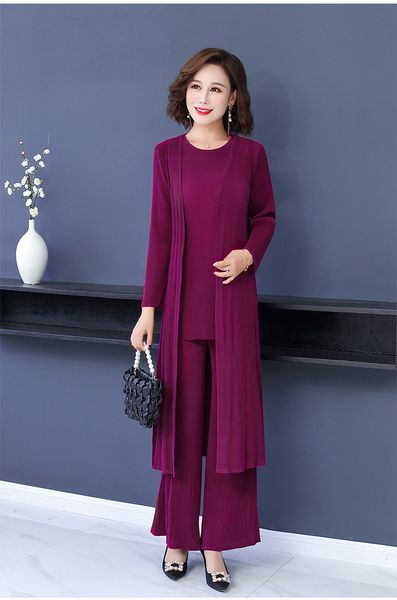 

dresses miyake solid three-piece set of pleated long-sleeve long coat + sleeveless o-neck vest +straight pants, White