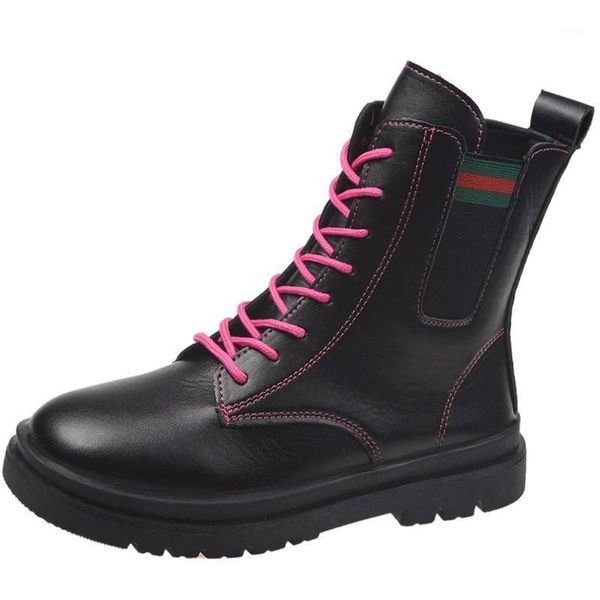 

boots spring and autumn women flat lace up british style female ankle mid-tube color matching casual1, Black