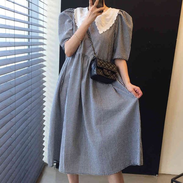 

summer black korean version retro gentle air doll collar stitching plaid high waist loose puff sleeve dress women 16f1001 210510, Black;gray