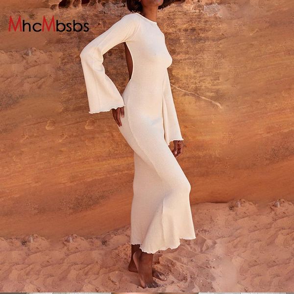 

casual dresses ribbed backless elegant maxi robe women solid bandage 2021 autumn long sleeve fairy core streetwear vestidos, Black;gray