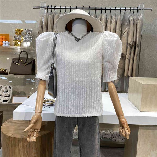 

niche design vertical stripes plied short bubble shirt style 2021 light mature all-match atmosphere around the neck upper sleeve, White