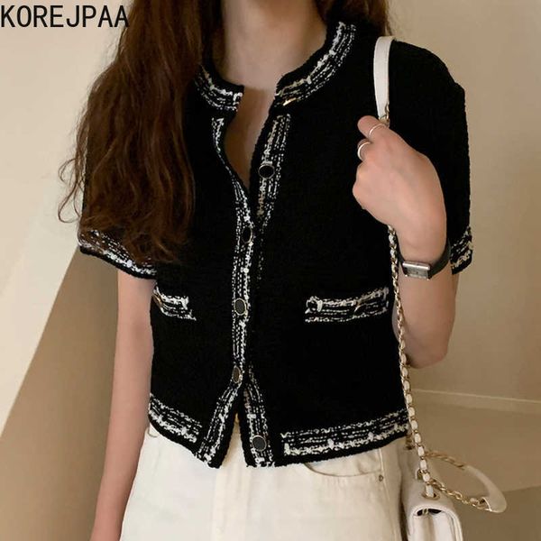 

korejpaa women jackets summer french temperament round neck contrasting edging single-breasted short-sleeved knitted jacket 210526, Black;brown
