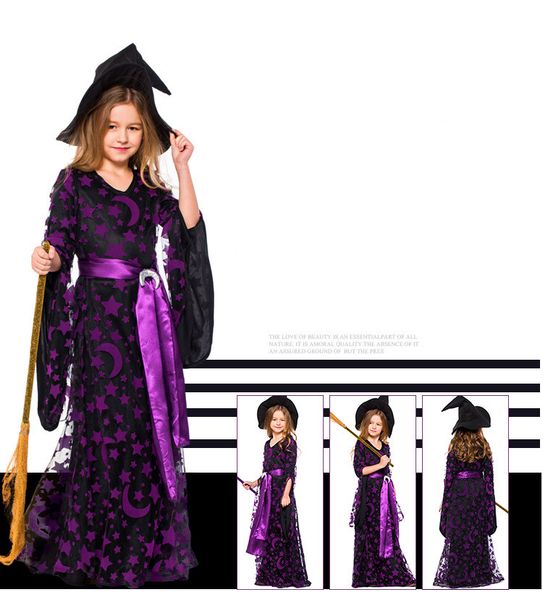 

cosplay dress children's halloween stage purple star moon print witch, Blue