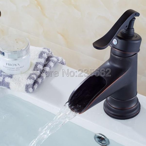 

bathroom sink faucets "water pump look" style black oil rubbed brass deck mounted waterfall spout basin faucet mixer tap lhg080