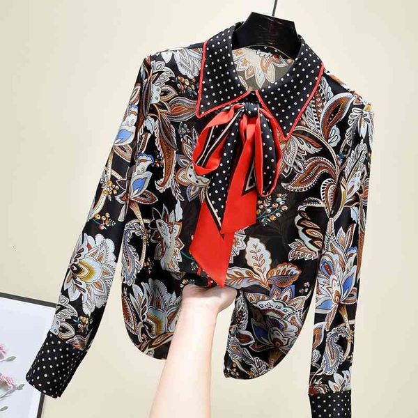 

blouses elegant women's shirt spring long sleeve bow tie turn down collar flower print blouse lady blusas mujer nancylim, White