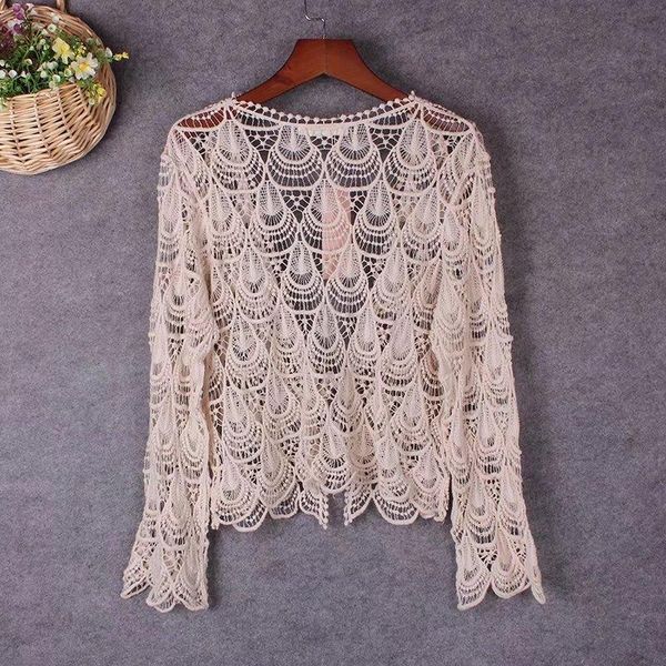 

womens shirts spring summer hollow out phoenix flower crochet lace cardigan women seven sleeve bohemian crop ladies v neck, White