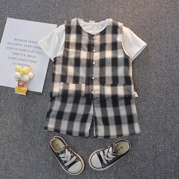 

infant boy summer clothing set baby girl clothes kid plaid vest+cotton t-shirt+plaid shorts 3pieces suit toddler sets, White