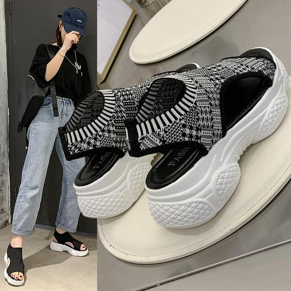

casual women platform sandals are summer slip on femmes sandales elastic knitting sneakers comfortable 2021, Black