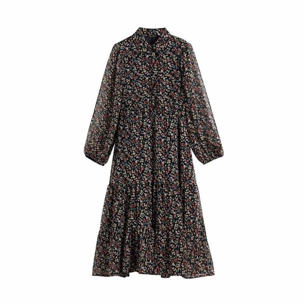 

women elegant turn down collar floral print casual ruffles midi dress female chiffon vestidos chic party dresses ds3362 210419, Black;gray