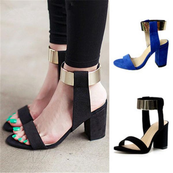 

women solid color open toe sandals summer ladies 9.5cm square high heels female 2021 flock ankle-wrap dress shoes, Black