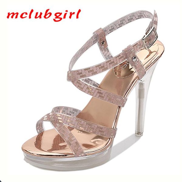 

mclubgirl summer high heel waterproof platform women's shoes shallow mouth buckle crystal thin heeled fish sandals wz, Black