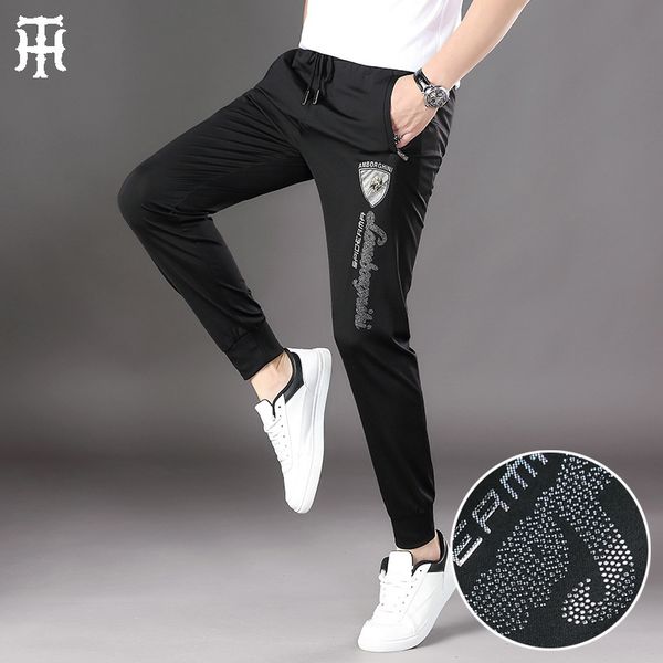 

pants fashionable the men's sports summer thin european brand bull embroidery slim leggings elastic casual, Black