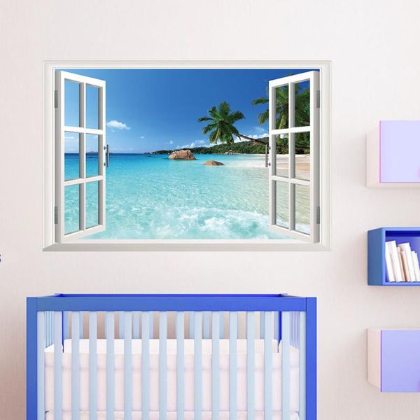 

window stickers summer beach wall sticker decor large removable sea 3d view scenery decals