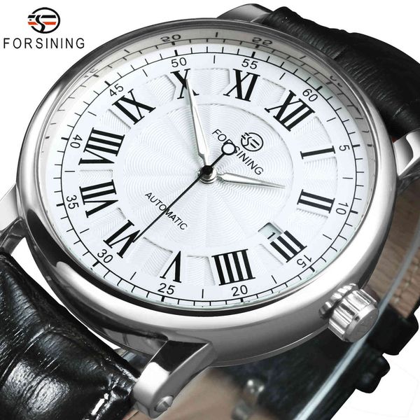 

forsining casual watches for men fashion simple automatic mechanical leather strap auto date classic dress wristwatches, Silver