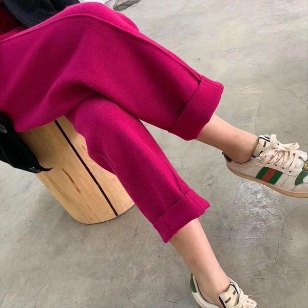 

autumn winter casual solid knitting womens pants thick warm wide leg female loose straight ankle length trousers q145, Black;white