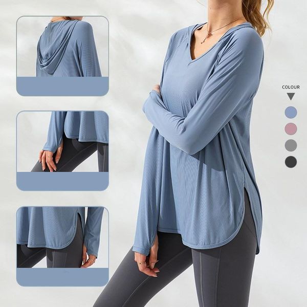 

yoga outfits hooded t-shirts women's autumn training running thin long-sleeved fabric is smooth comfortable fitness clothes, White;red