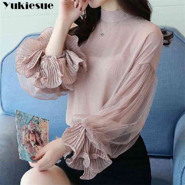 

women and blouses ruffless summer autumn long sleeve white shirt casual female chiffon blouse clothing plus size 210831
