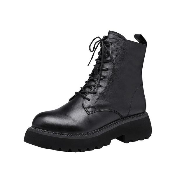 

boots women's leather autumn and winter handsome locomotive short first layer thick-soled lace up, Black