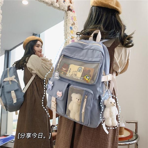 

school bags candy color cute women backpack fashion waterproof buckle badge schoolbag for teen girls student bookbag mochila bag