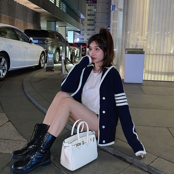 

tb four bar stripe knitted cardigan coat 2021 early autumn women's great wall long sleeve knitted top, White